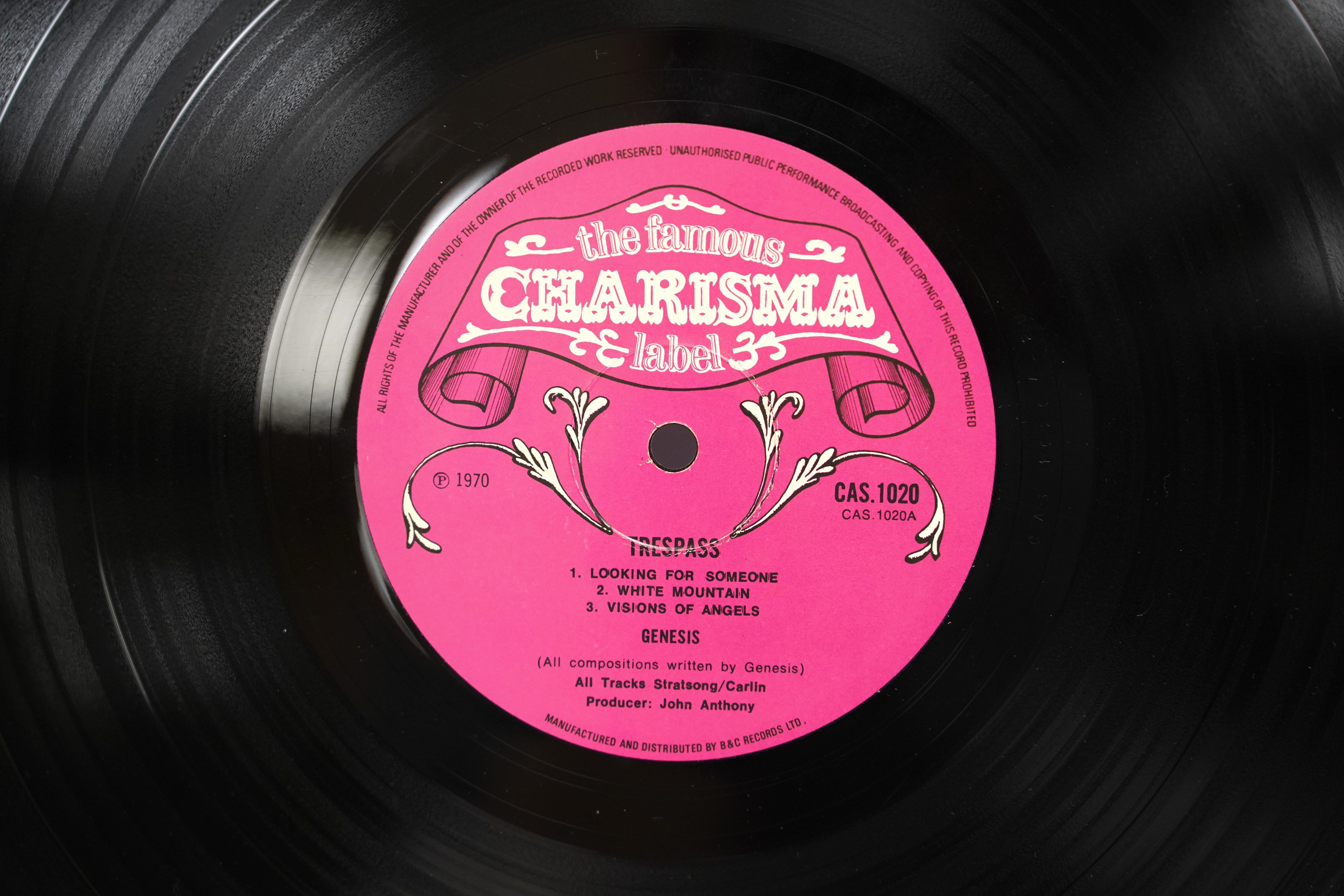 Genesis; Trespass LP record album, on pink scroll Charisma label, CAS.1020, with inner lyric sheet and textured gatefold cover
